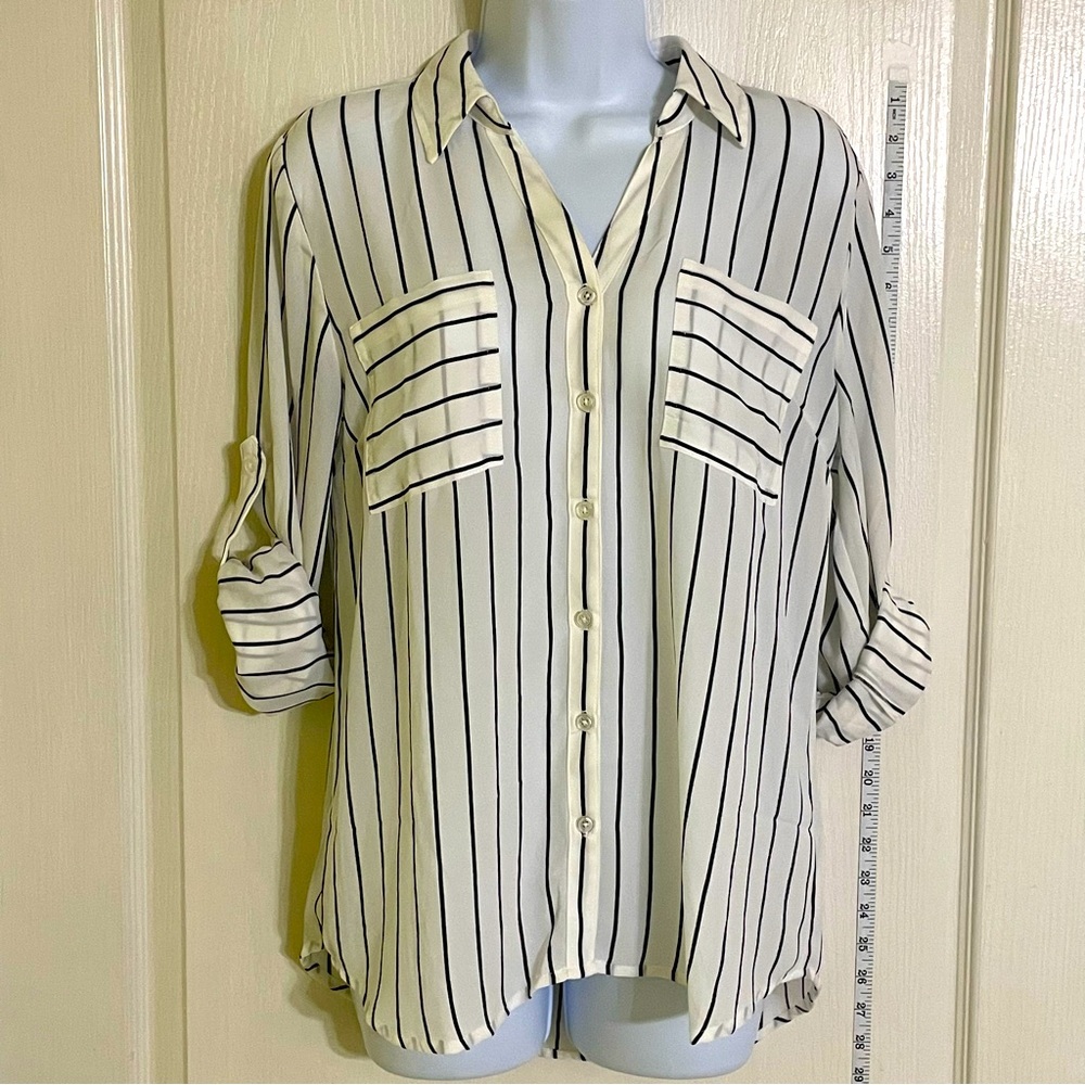Maurice’s White Blouse with Black Pinstripes